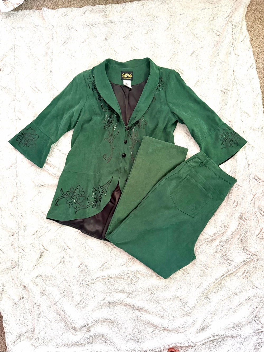 Bob Mackie Emerald Green Suede Pantsuit with Embroidered Detail